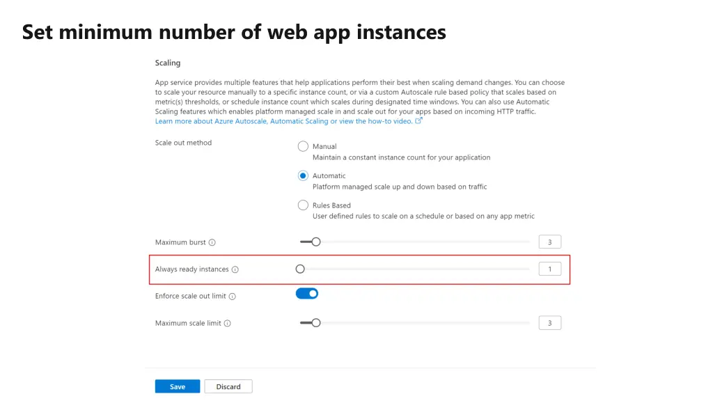 set minimum number of web app instances