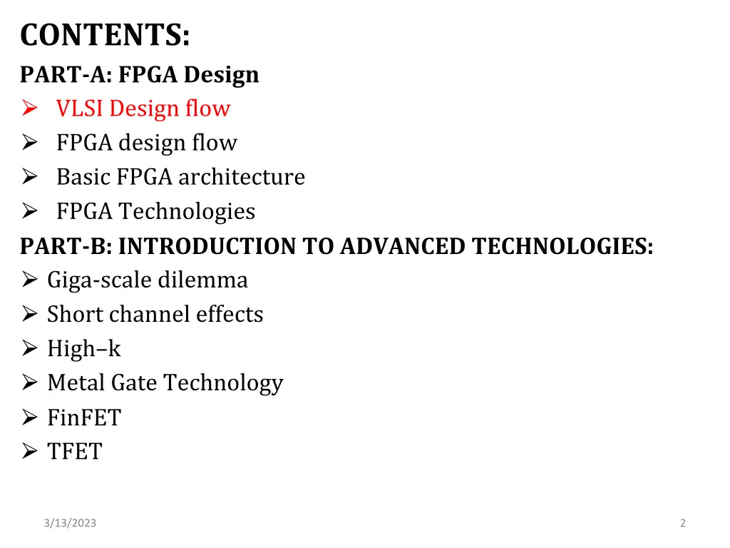 contents part a fpga design vlsi design flow fpga