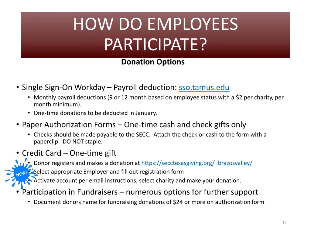 how do employees participate donation options