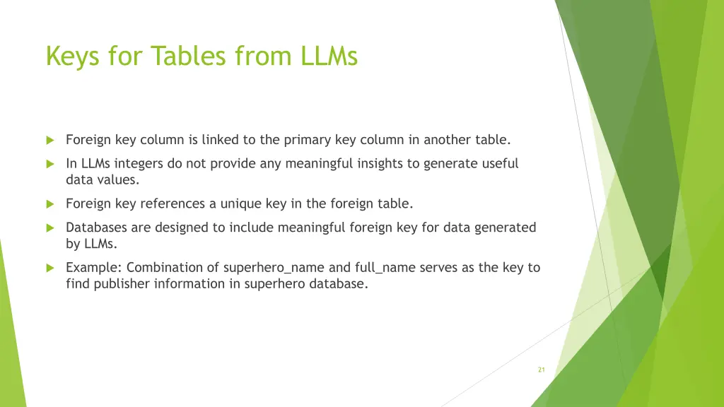 keys for tables from llms