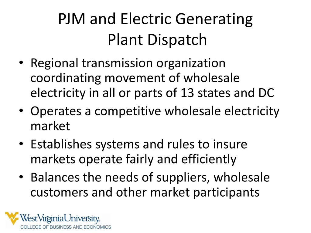 pjm and electric generating plant dispatch