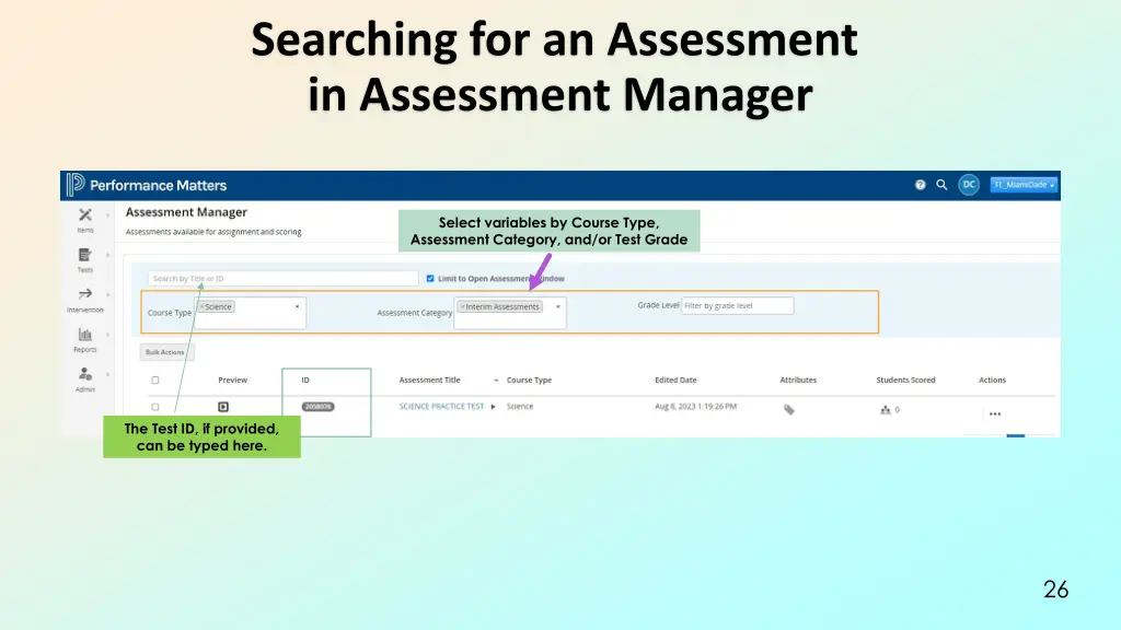 searching for an assessment in assessment manager