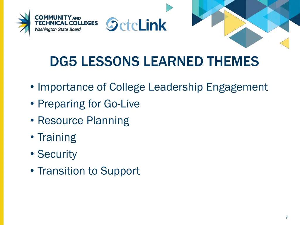 dg5 lessons learned themes