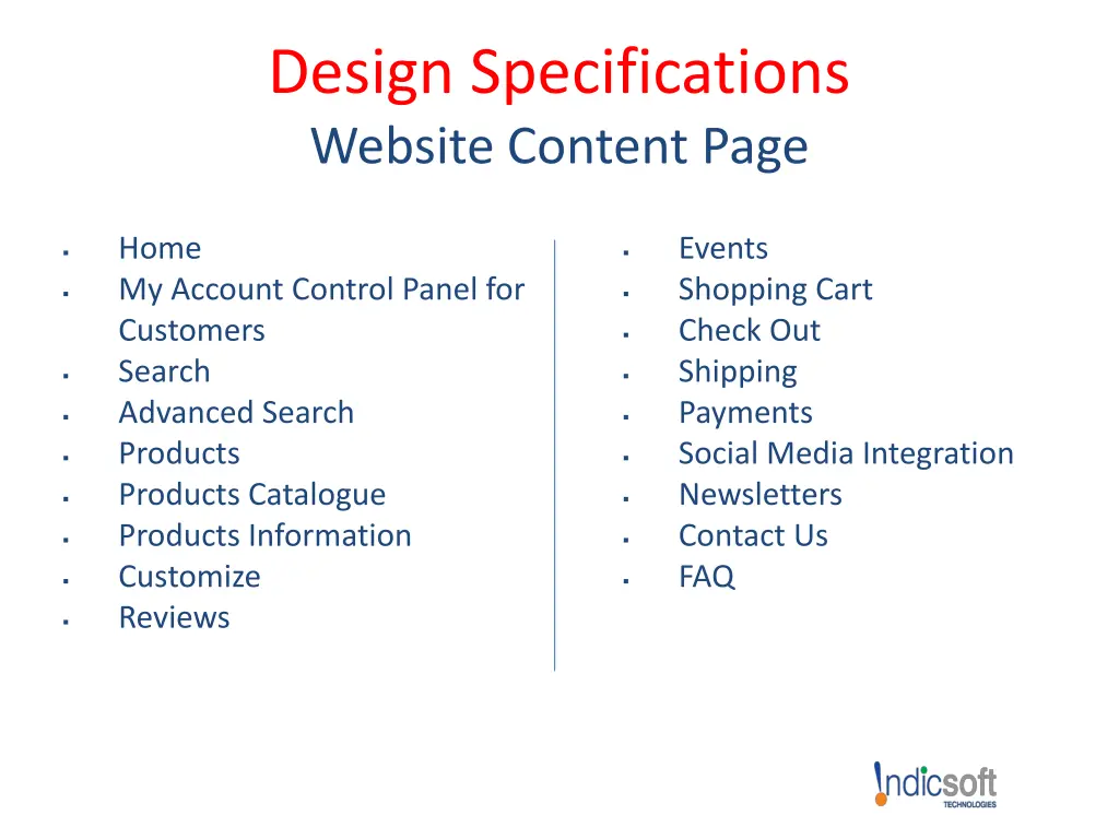 design specifications website content page