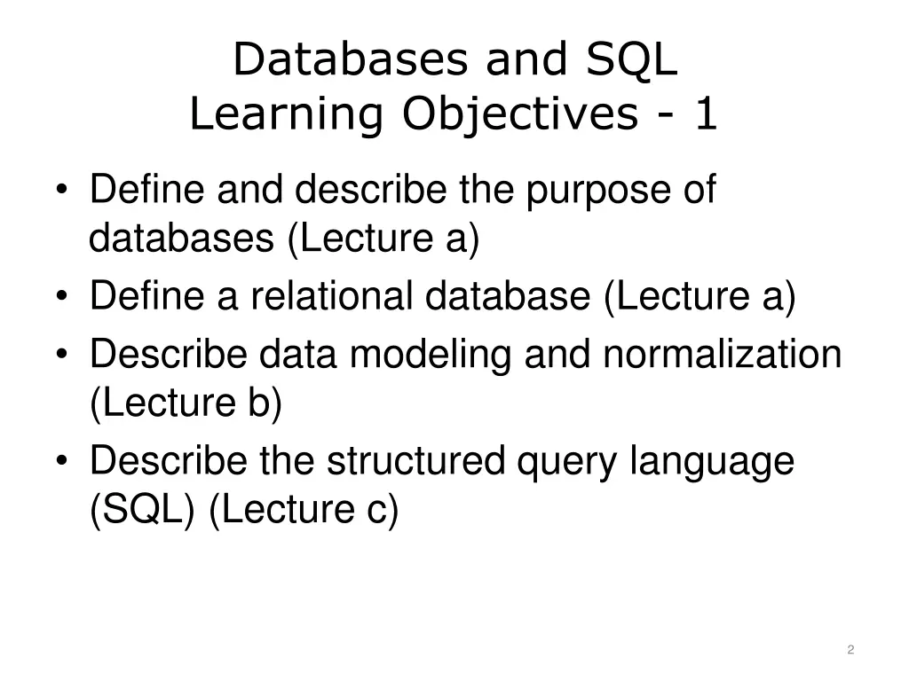 databases and sql learning objectives 1