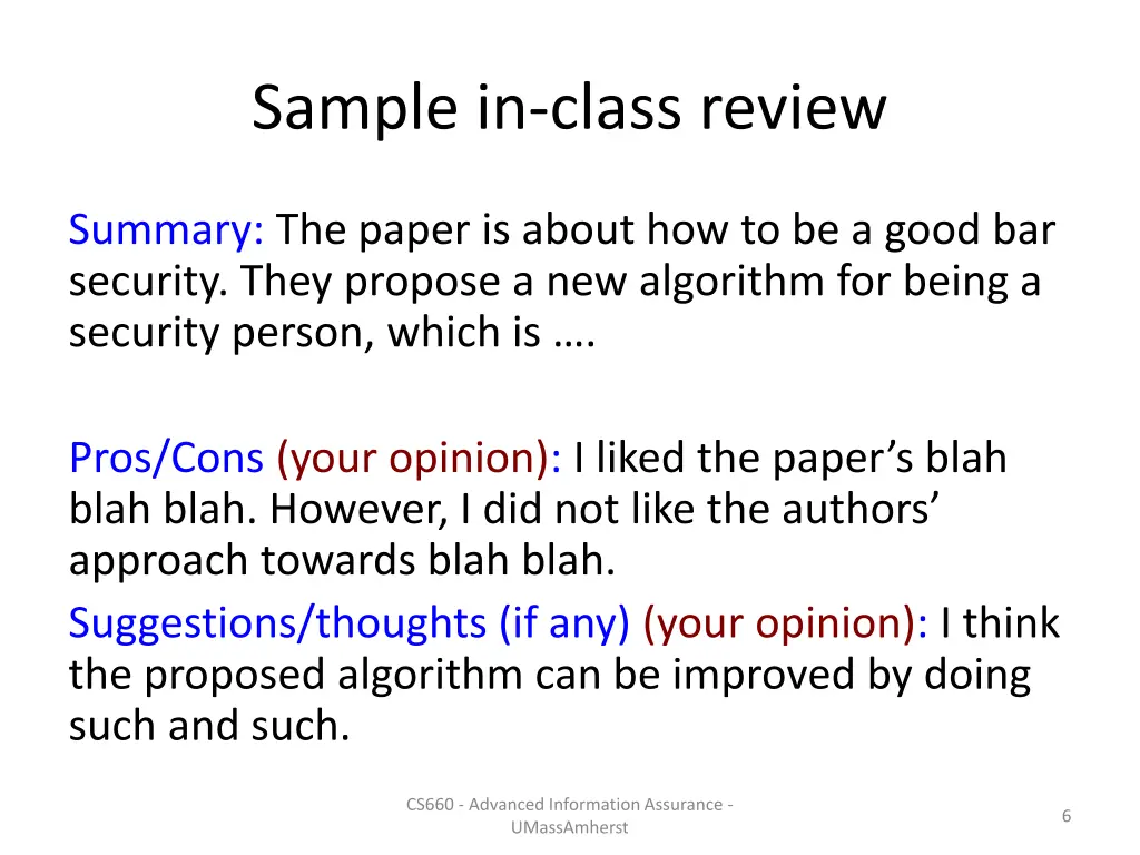 sample in class review