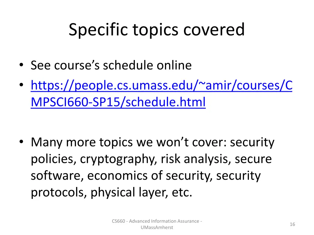 specific topics covered