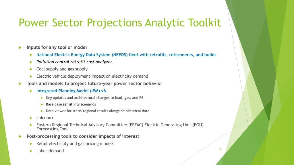 power sector projections analytic toolkit