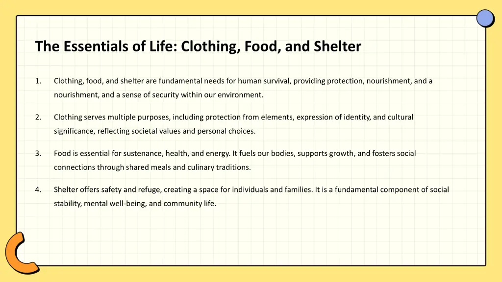 the essentials of life clothing food and shelter