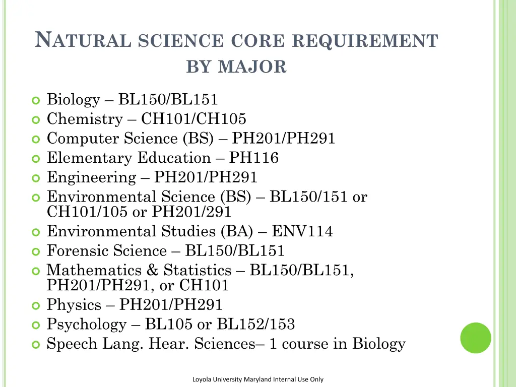 n atural science core requirement by major
