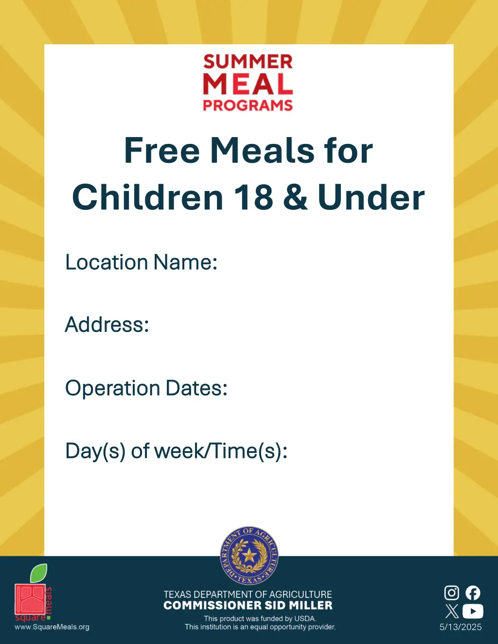 free meals for children 18 under