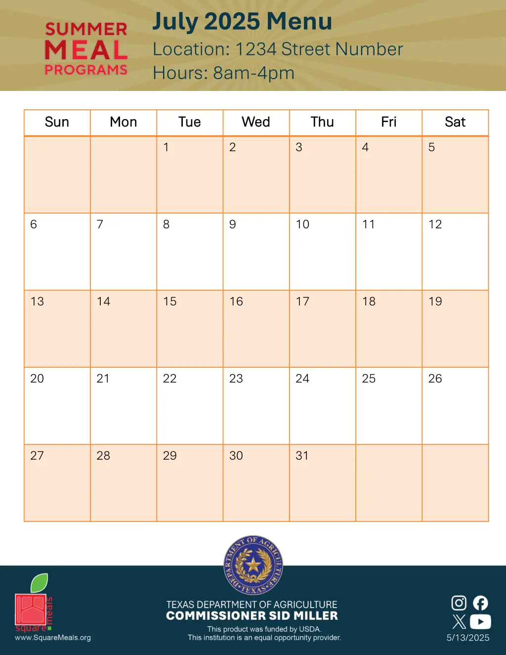 july 2025 menu location 1234 street number hours