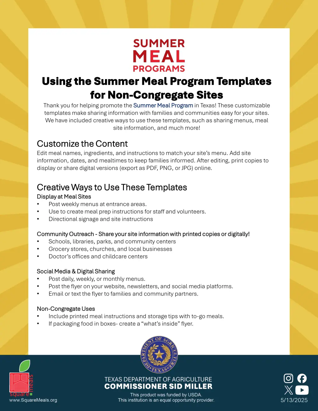 using the summer meal program templates using