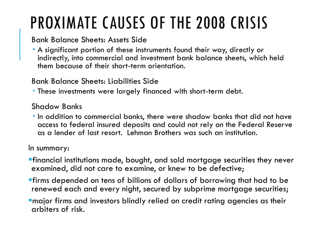 proximate causes of the 2008 crisis bank balance