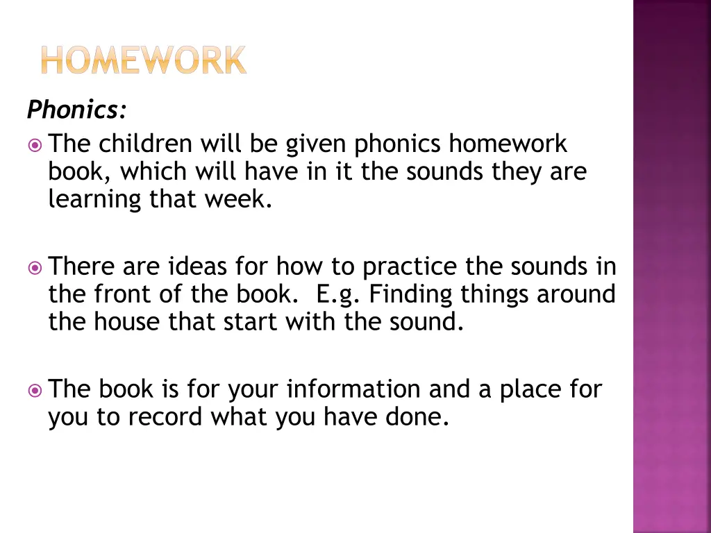 homework phonics the children will be given