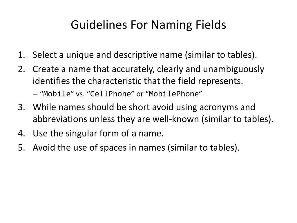 guidelines for naming fields