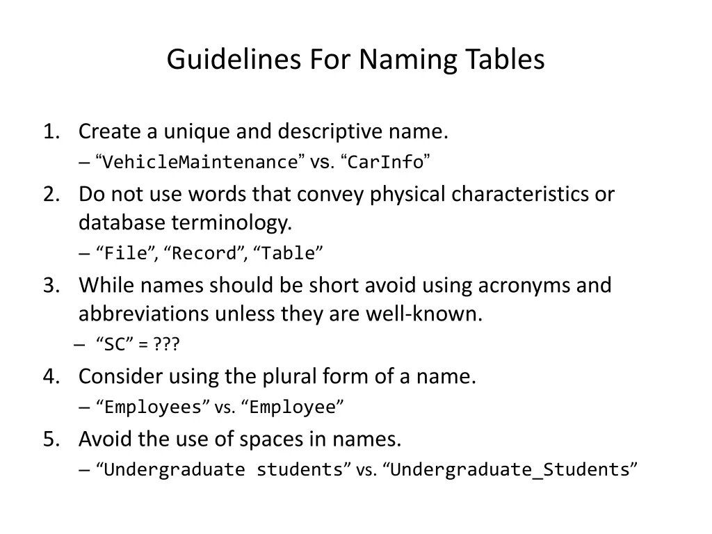 guidelines for naming tables
