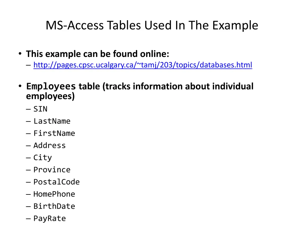ms access tables used in the example