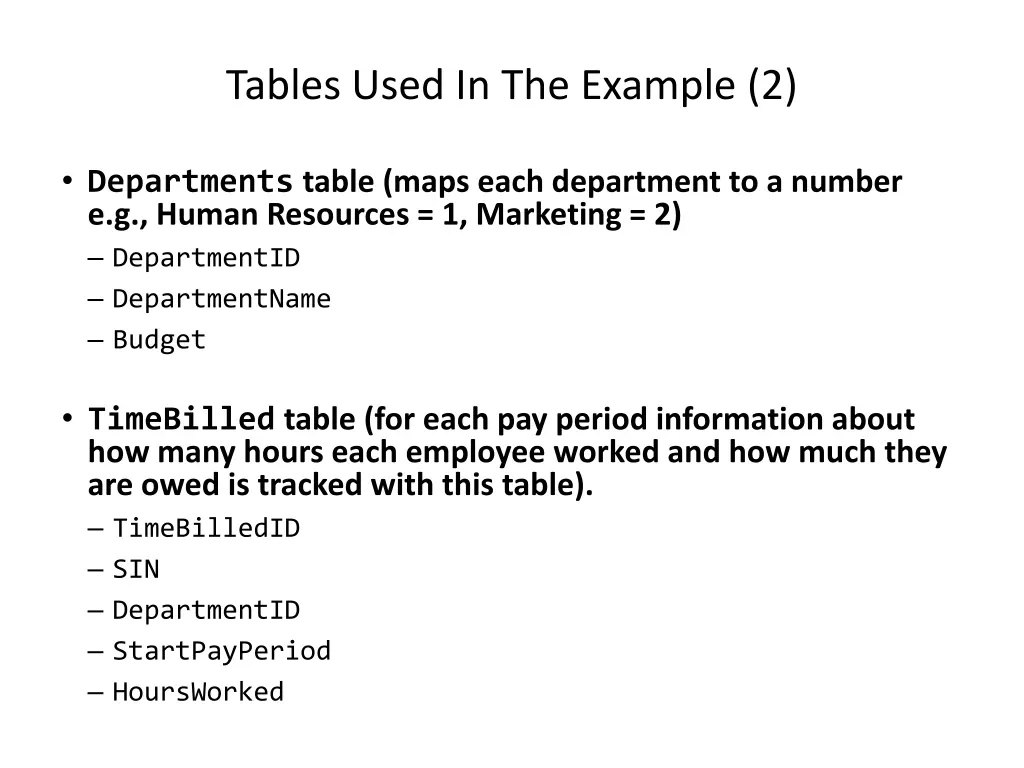 tables used in the example 2