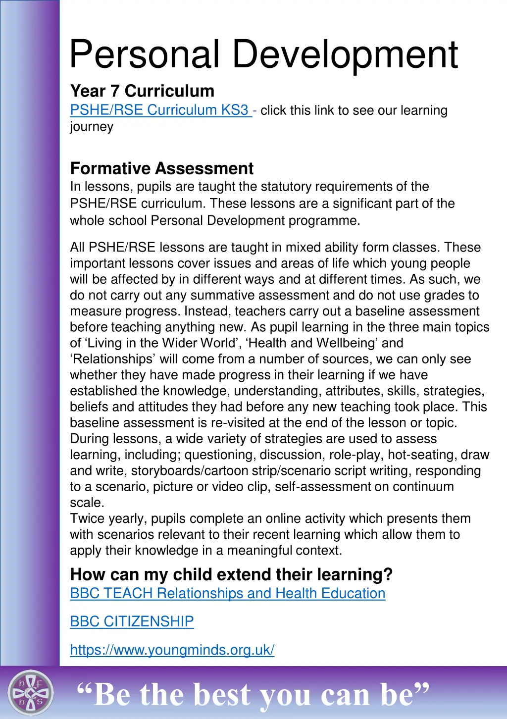personal development year 7 curriculum pshe