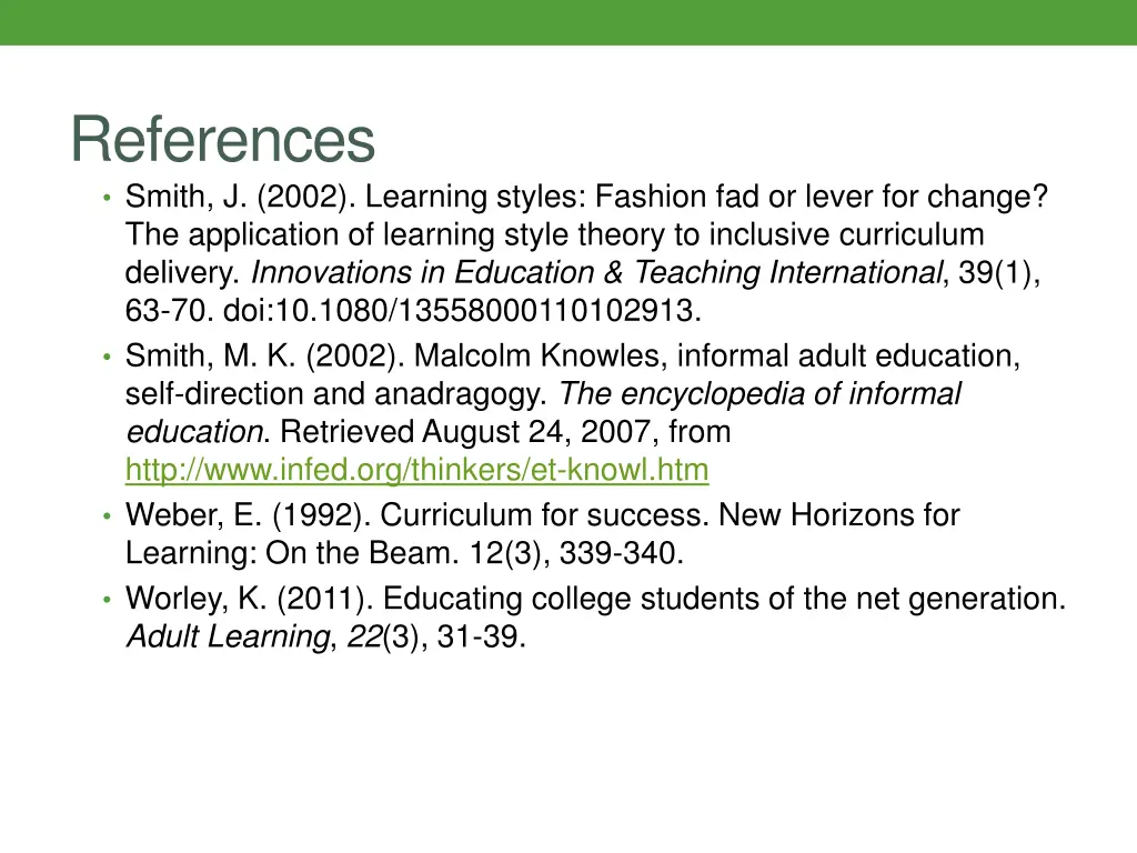 references smith j 2002 learning styles fashion