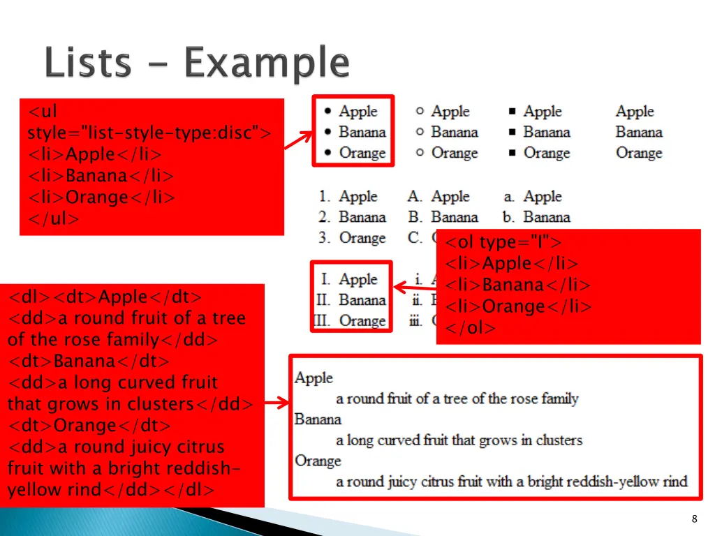 ul style list style type disc li apple