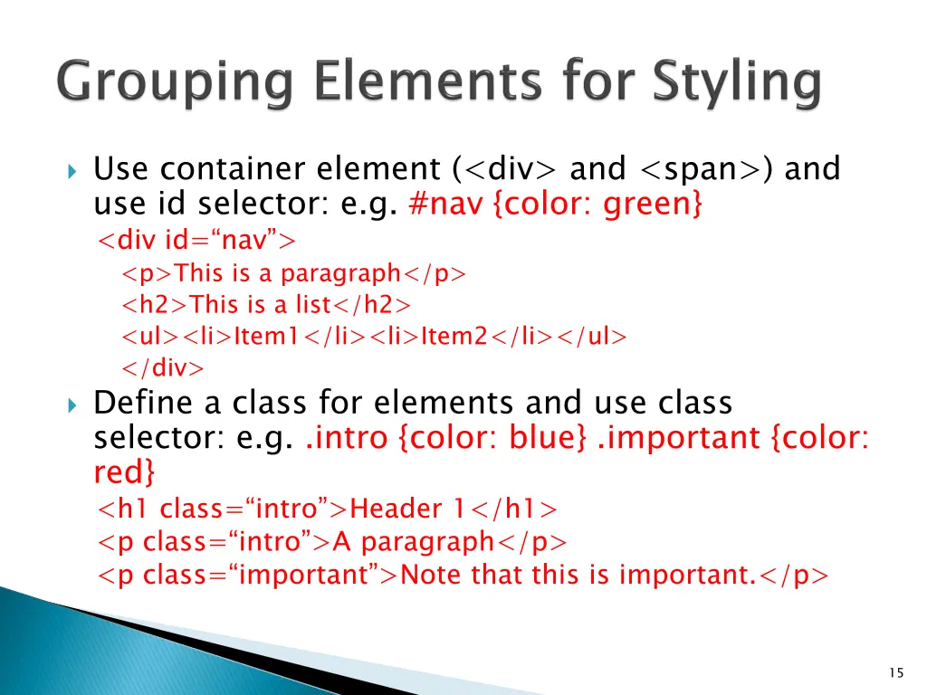 use container element div and span