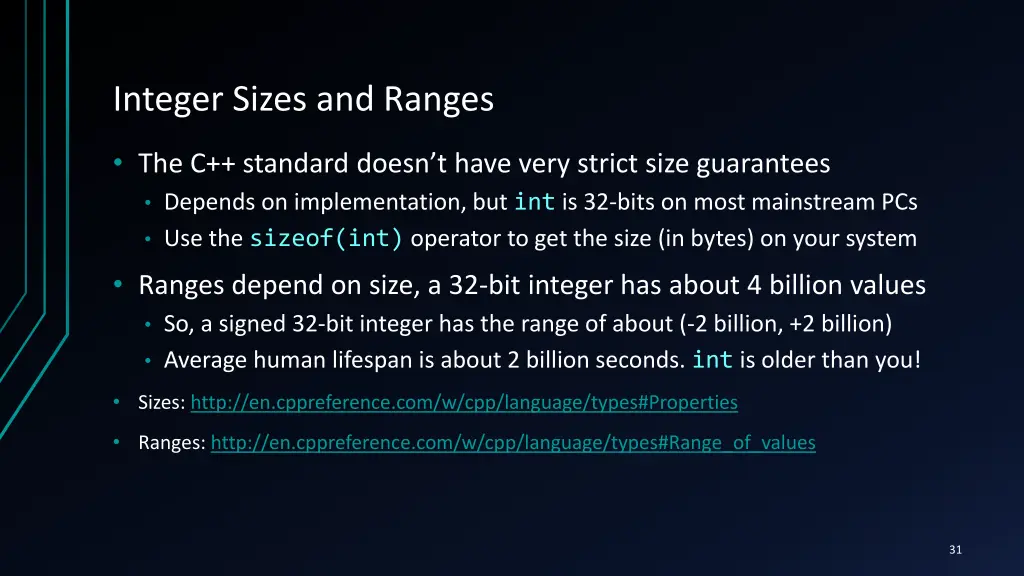 integer sizes and ranges