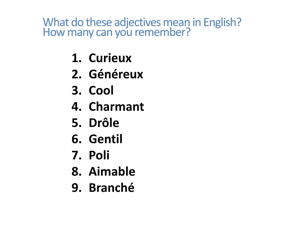 what do these adjectives mean in english how many