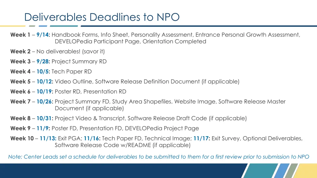 deliverables deadlines to npo
