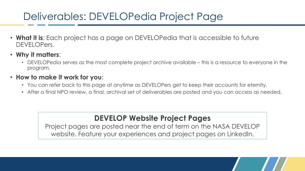 deliverables developedia project page