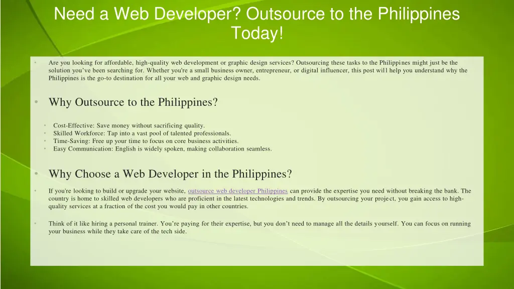 need a web developer outsource to the philippines