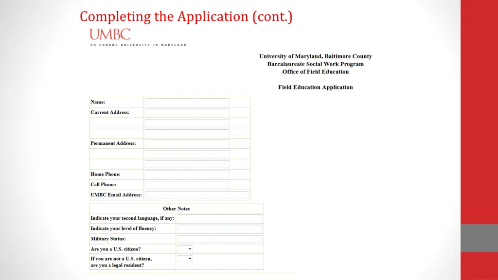 completing the application cont