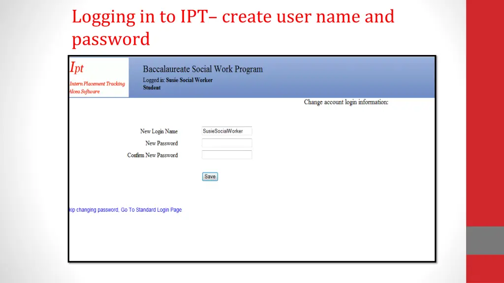logging in to ipt create user name and password