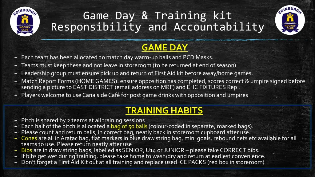 game day training kit responsibility
