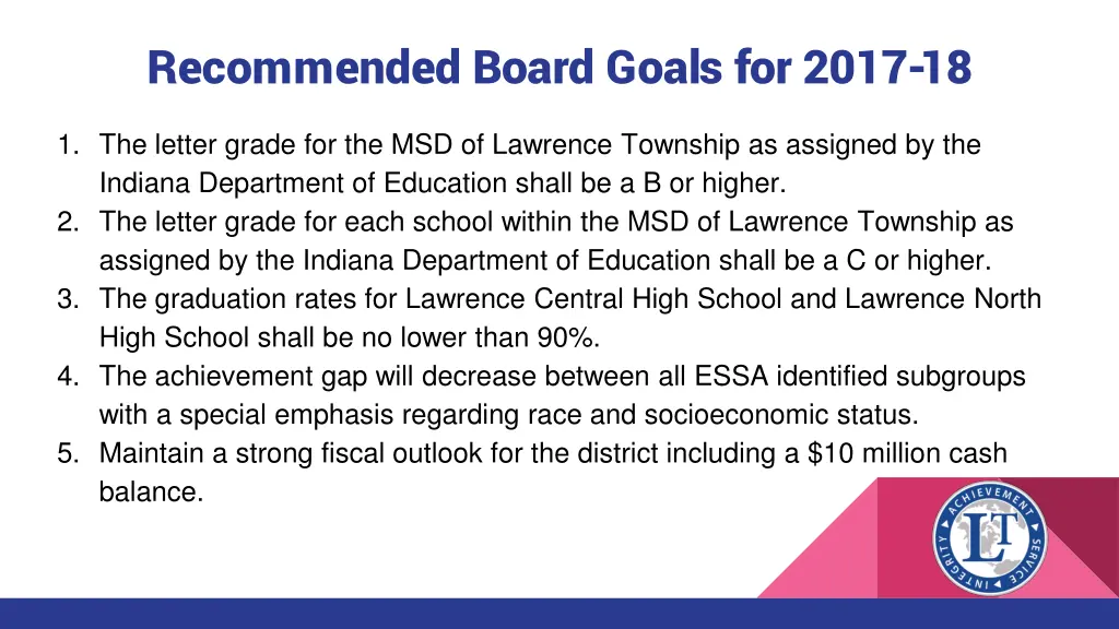recommended board goals for 2017 18