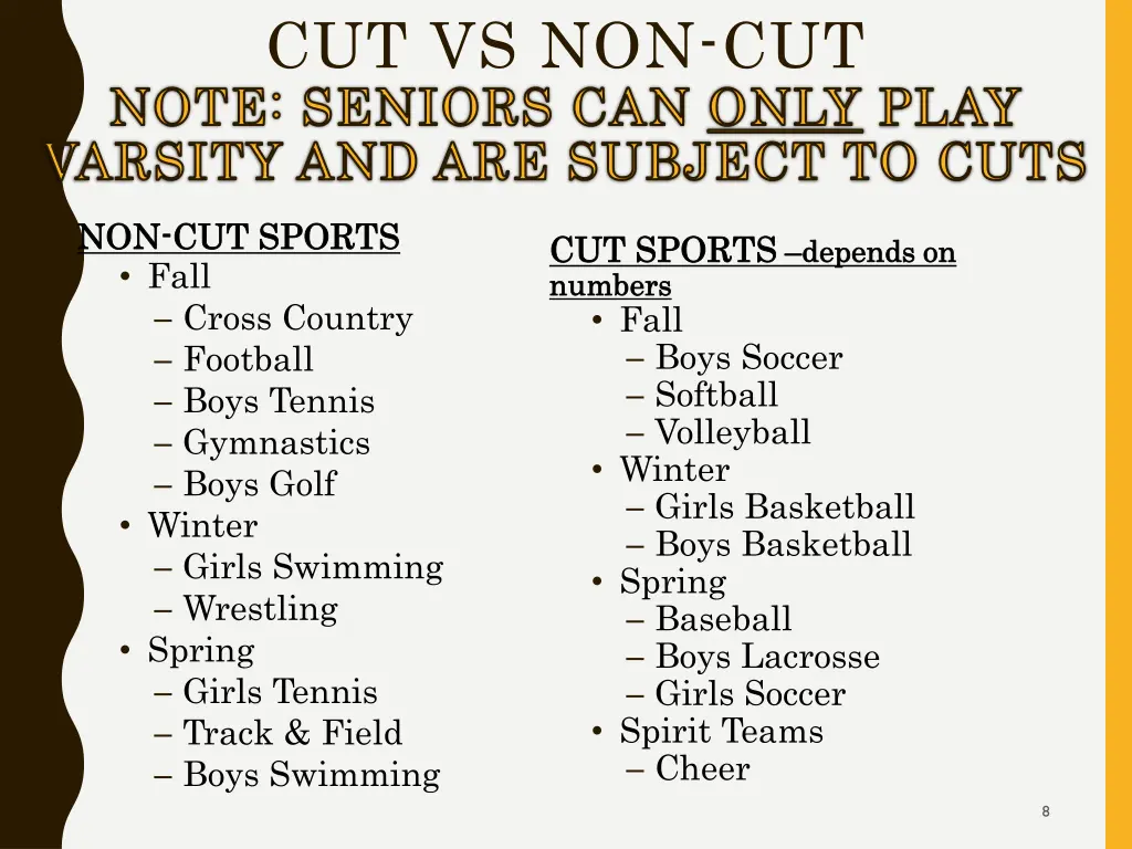 cut vs non cut note seniors can only play varsity