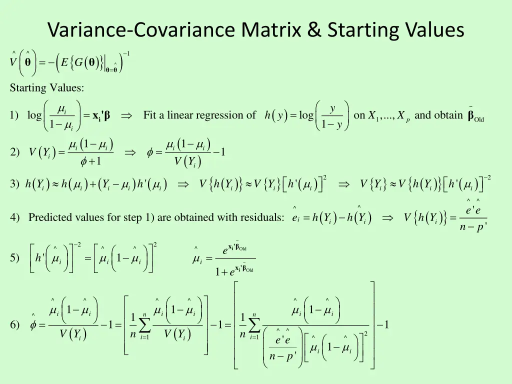 variance covariance matrix starting values
