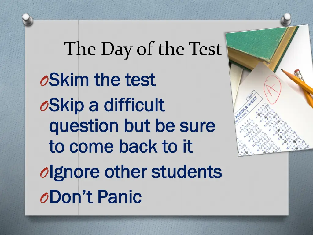 the day of the test skim the test o skip