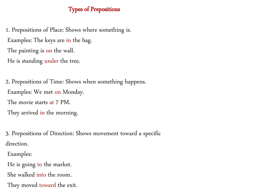 types of prepositions types of prepositions