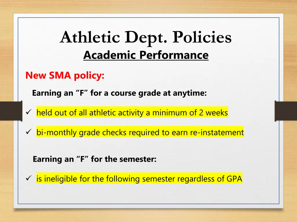 athletic dept policies academic performance