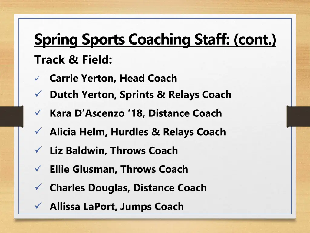 spring sports coaching staff cont track field