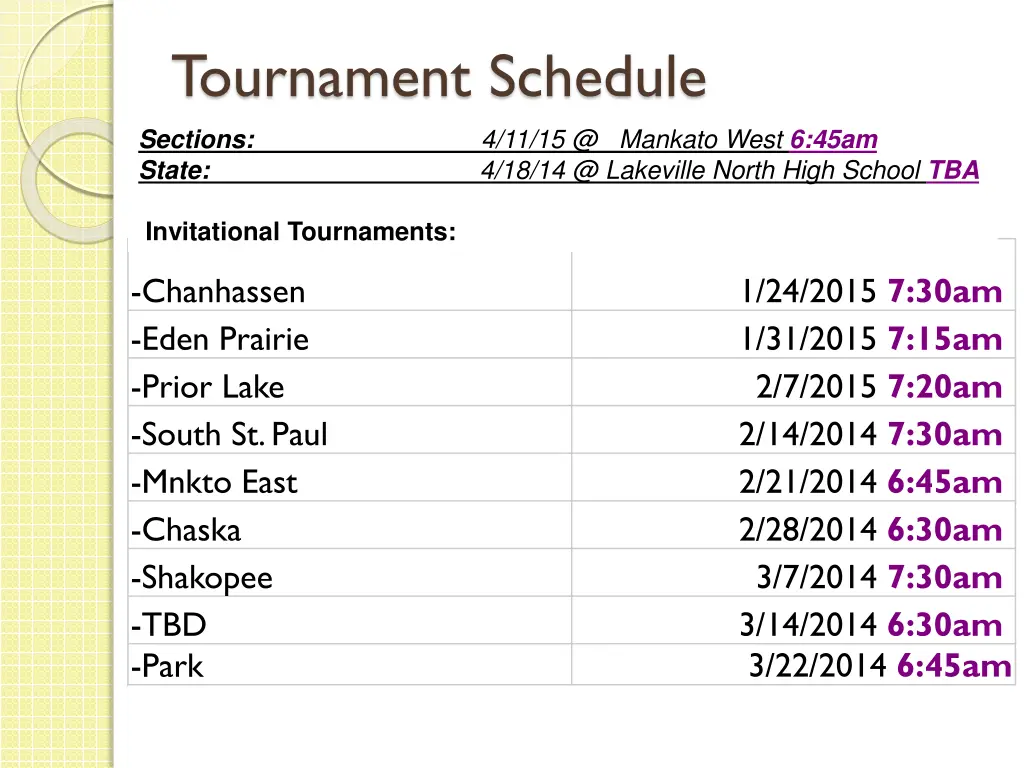 tournament schedule