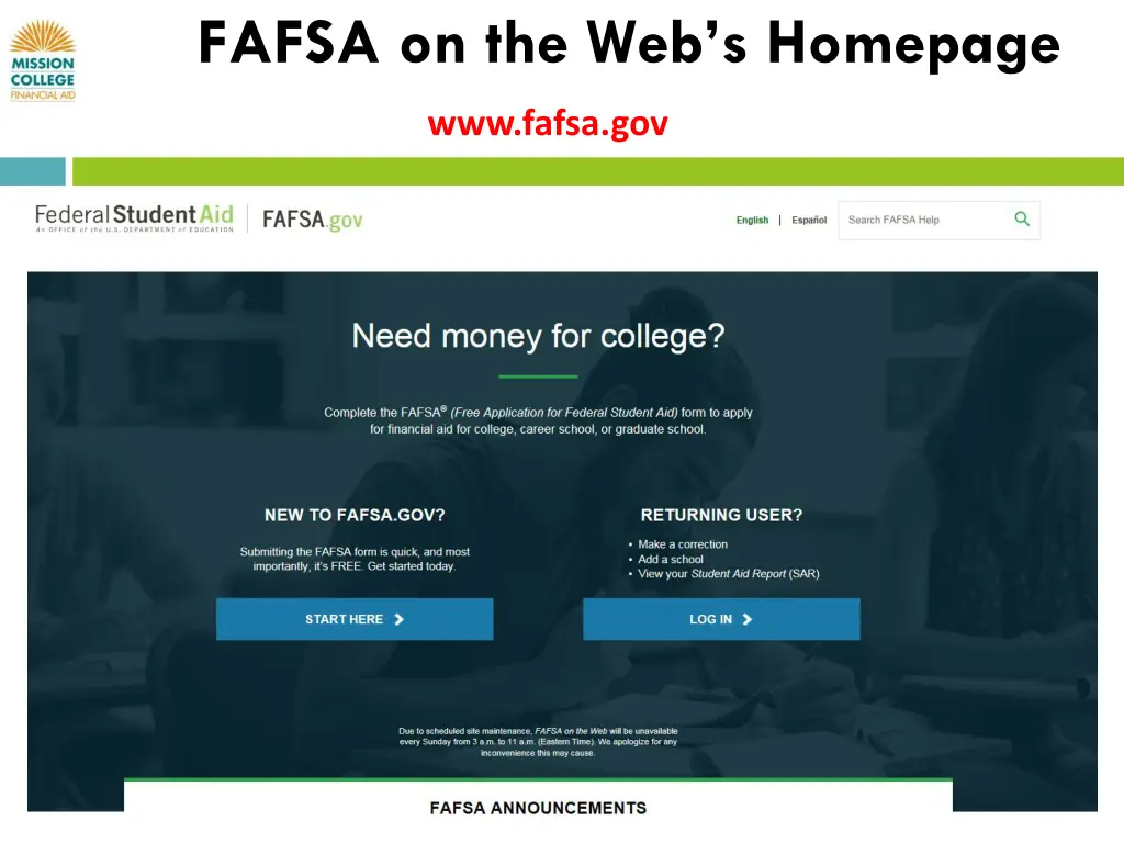 fafsa on the web s homepage