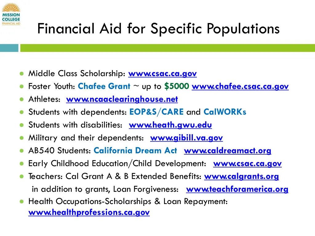 financial aid for specific populations