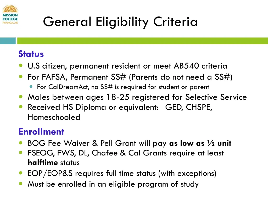 general eligibility criteria