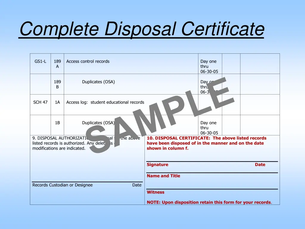 complete disposal certificate