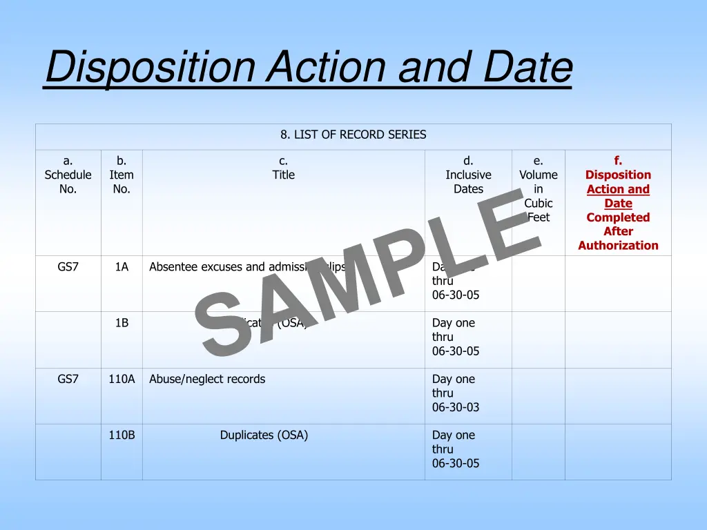 disposition action and date