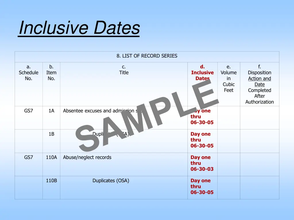 inclusive dates