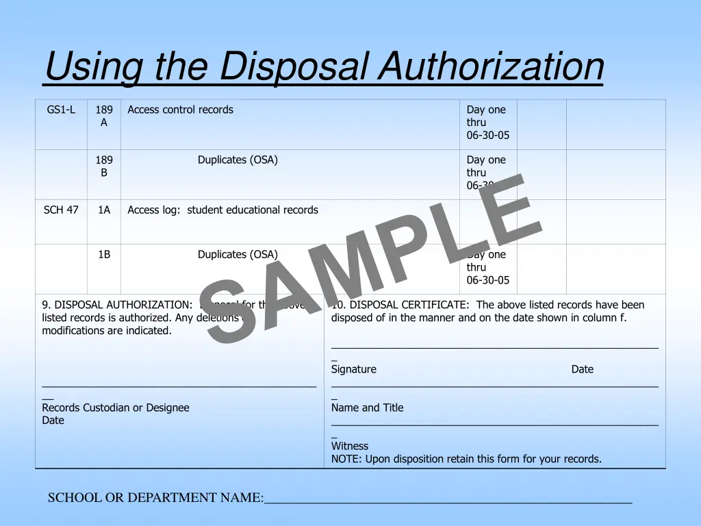using the disposal authorization